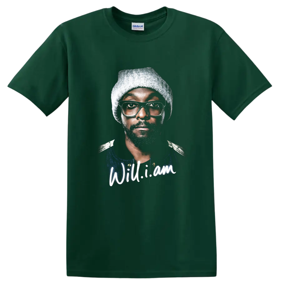 will.i.am hip-hop portrait graphic with knit cap and glasses on a Forest Green T Shirt