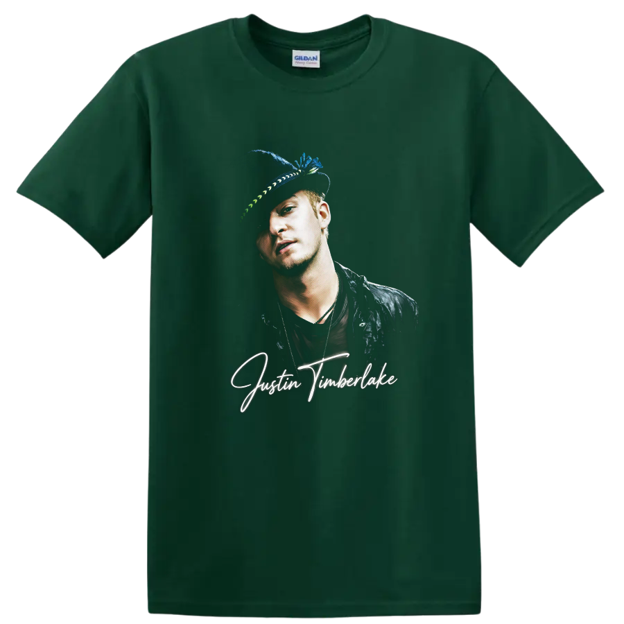 Justin Timberlake portrait graphic with white signature-style lettering on a Forest Green T Shirt