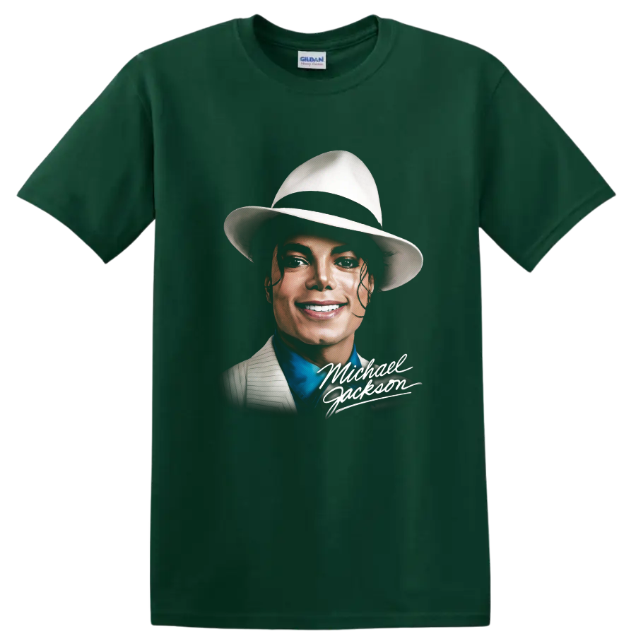 Michael Jackson Smooth Criminal pop art portrait with signature lettering on a Forest Green T Shirt