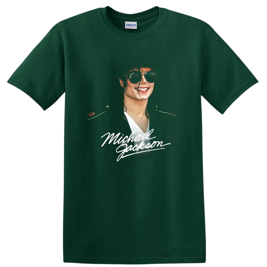 Michael Jackson portrait with fedora, sunglasses, and signature lettering on a Forest Green T Shirt