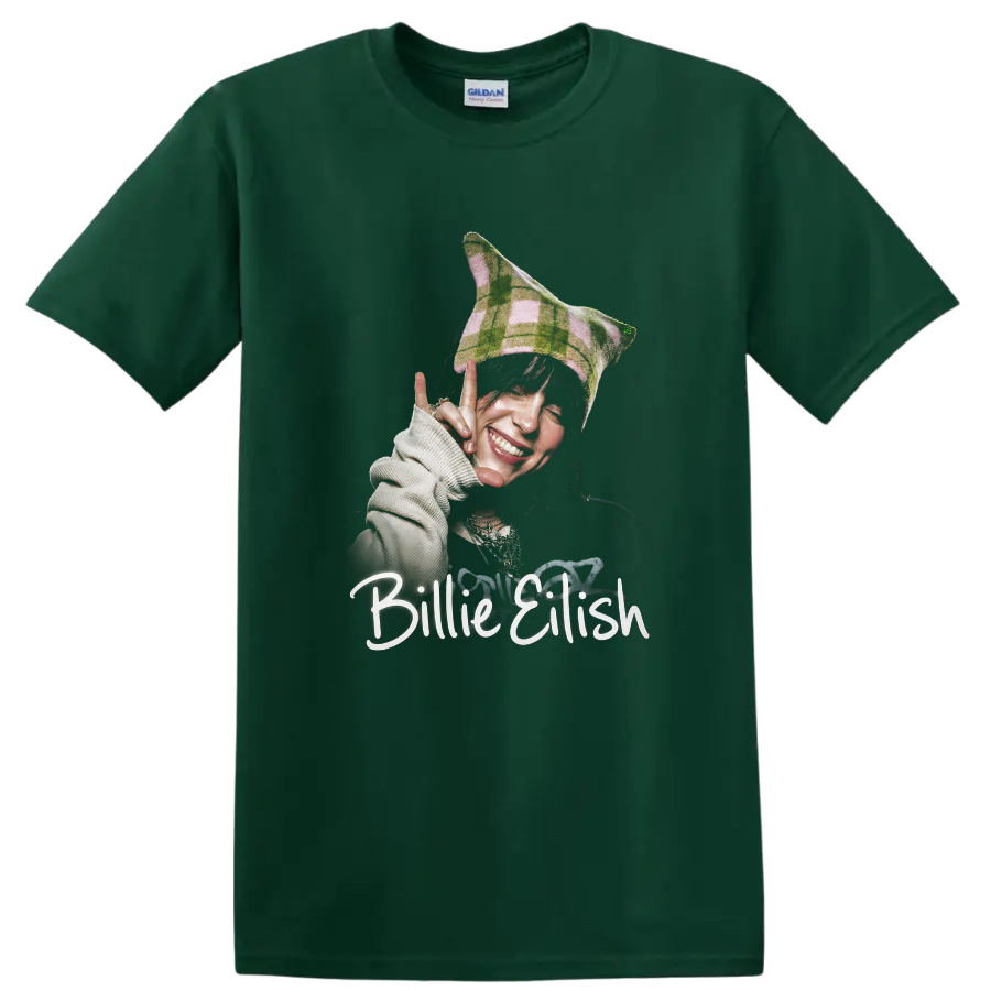 Billie Eilish smiling portrait with plaid hat and hand-lettered name on a Forest Green T Shirt