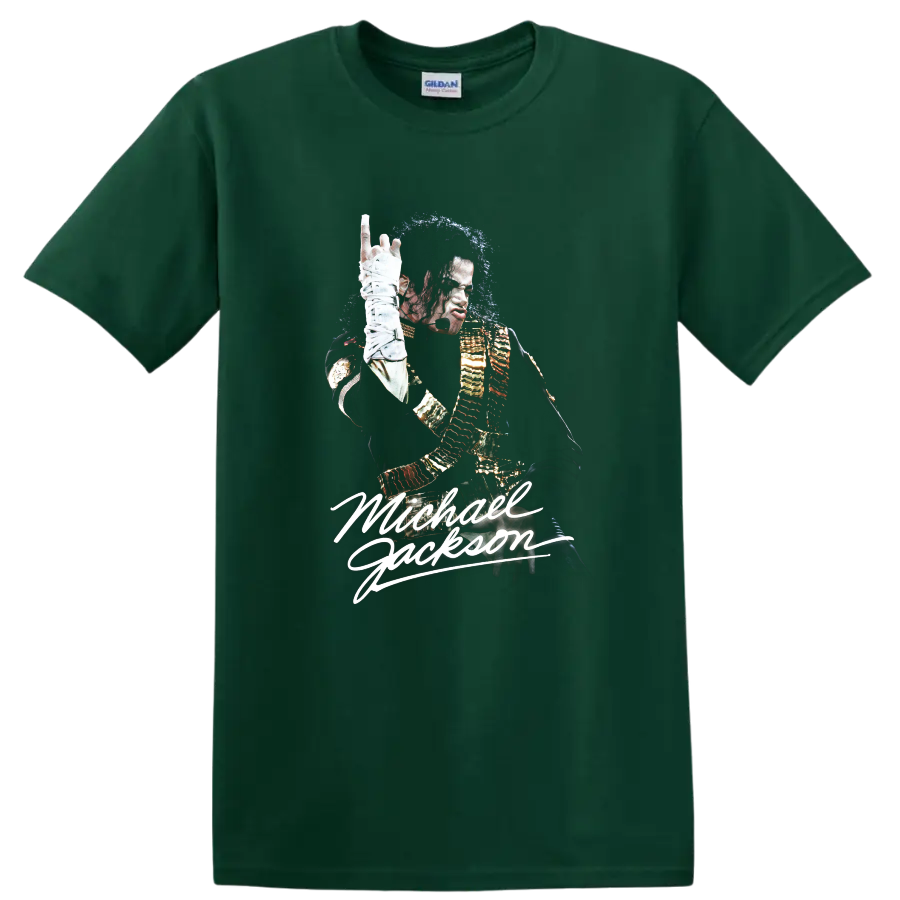 Michael Jackson Dangerous-era performance portrait fan art with signature lettering on a Forest Green T Shirt