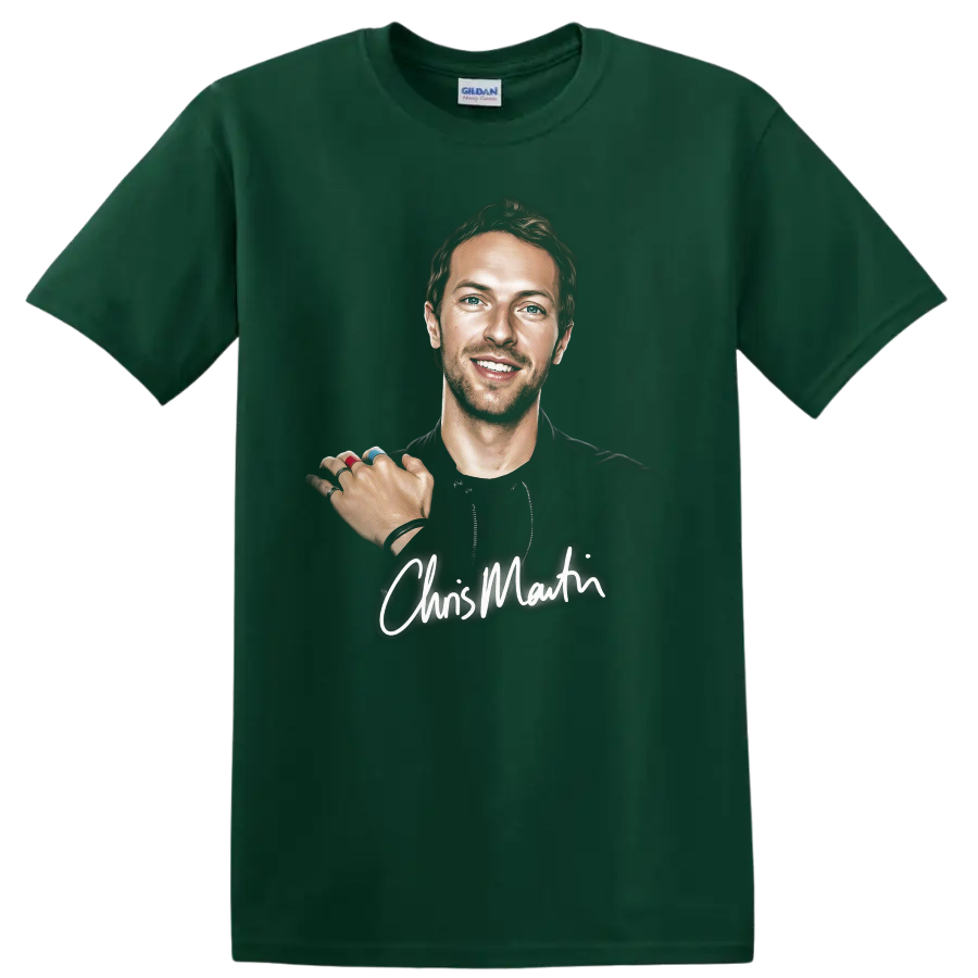 Chris Martin illustrated portrait with white signature-style script on a Forest Green T Shirt