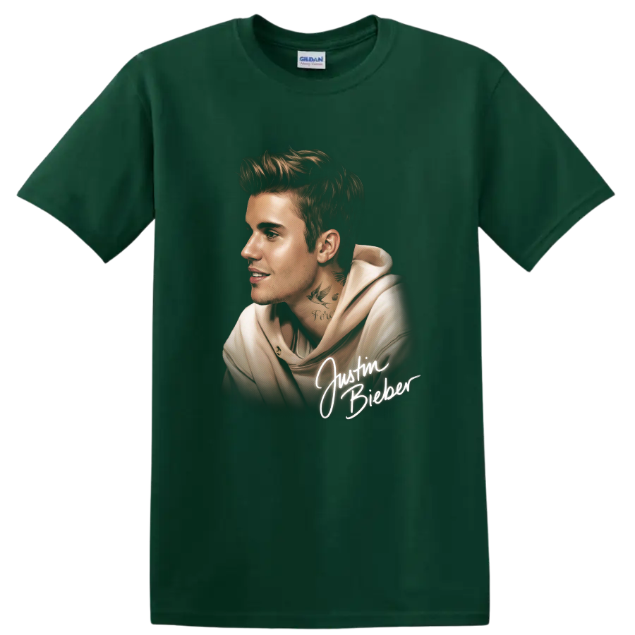 Justin Bieber side-profile portrait graphic with white script lettering on a Forest Green T Shirt