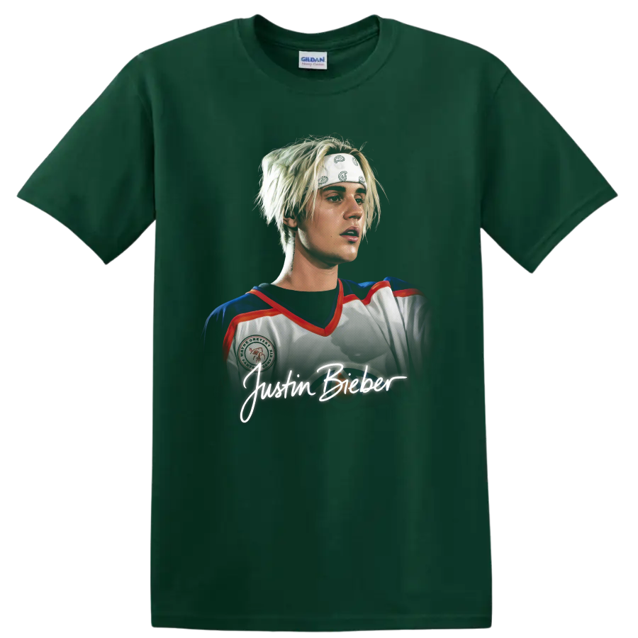 Justin Bieber portrait in hockey jersey with handwritten name graphic on a Forest Green T Shirt