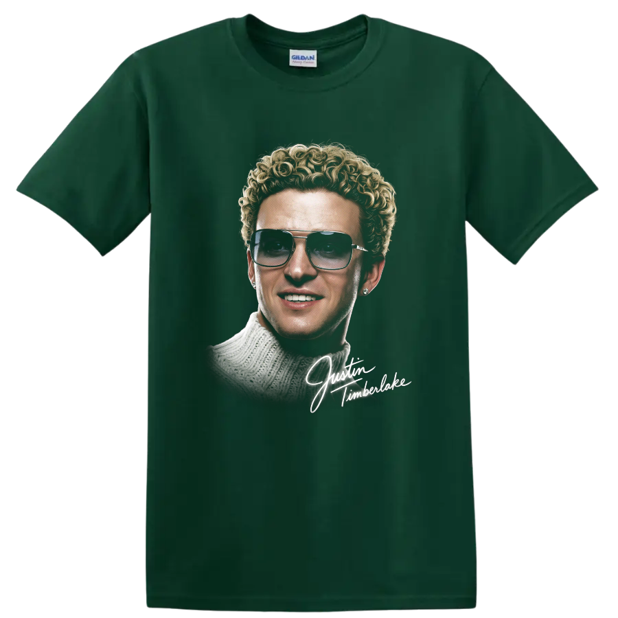 Justin Timberlake NSYNC portrait graphic with signature lettering on a Forest Green T Shirt
