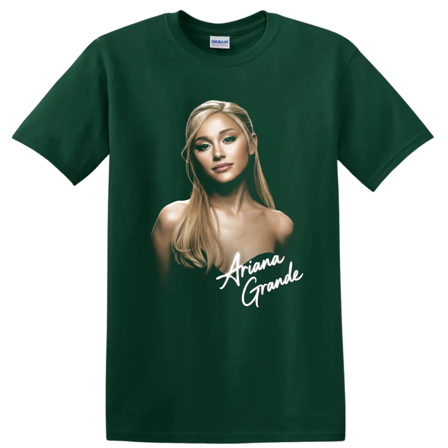 Ariana Grande digital portrait fan art with white script lettering on a Forest Green T Shirt