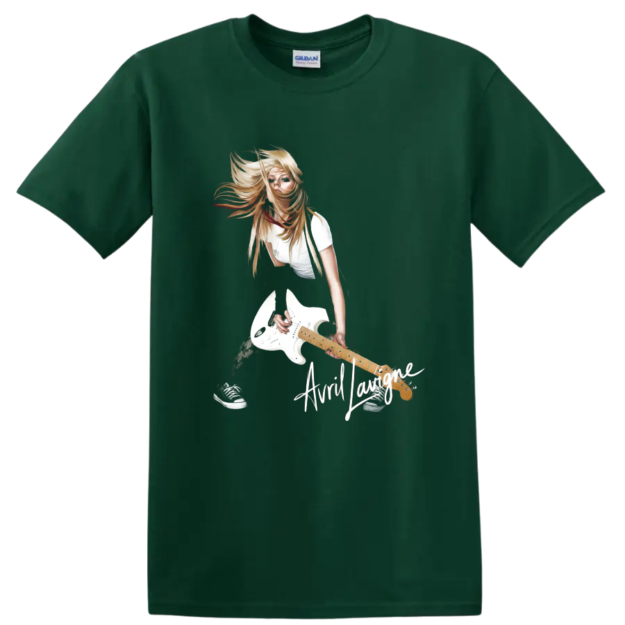 Avril Lavigne pop-punk guitarist with white electric guitar graphic on a Forest Green T Shirt