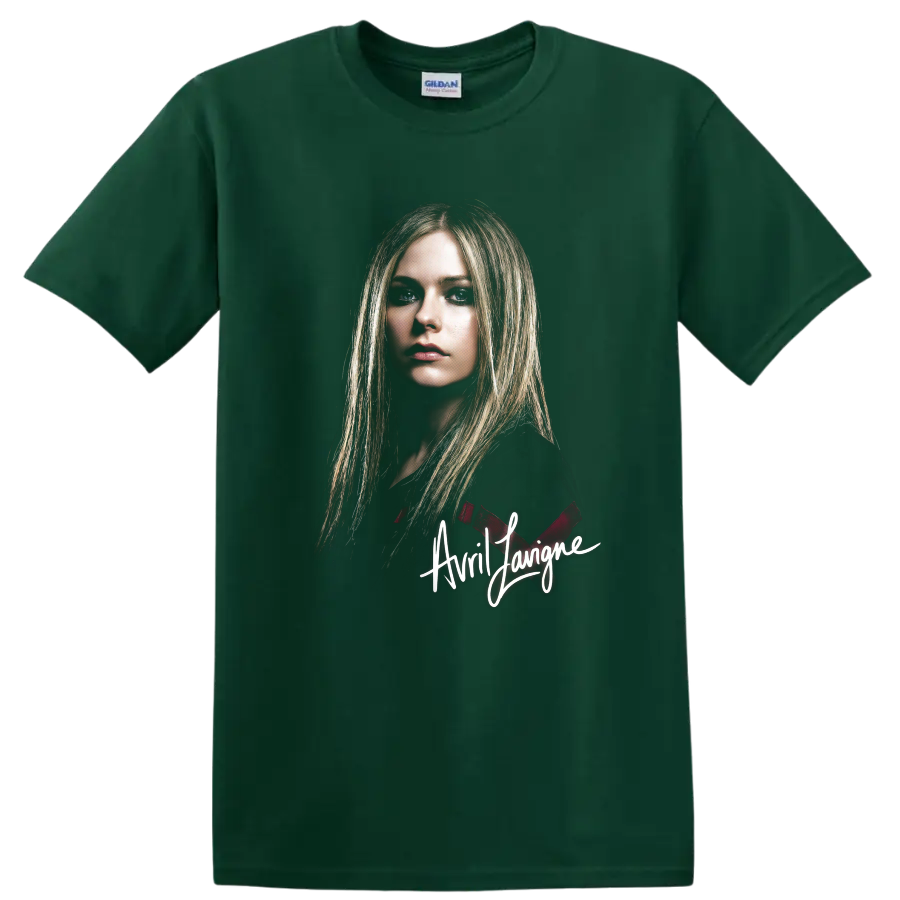 Avril Lavigne pop-punk portrait fan art with signature text on a Forest Green T Shirt