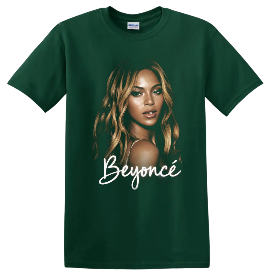 Beyoncé portrait graphic with white script lettering on a Forest Green T Shirt