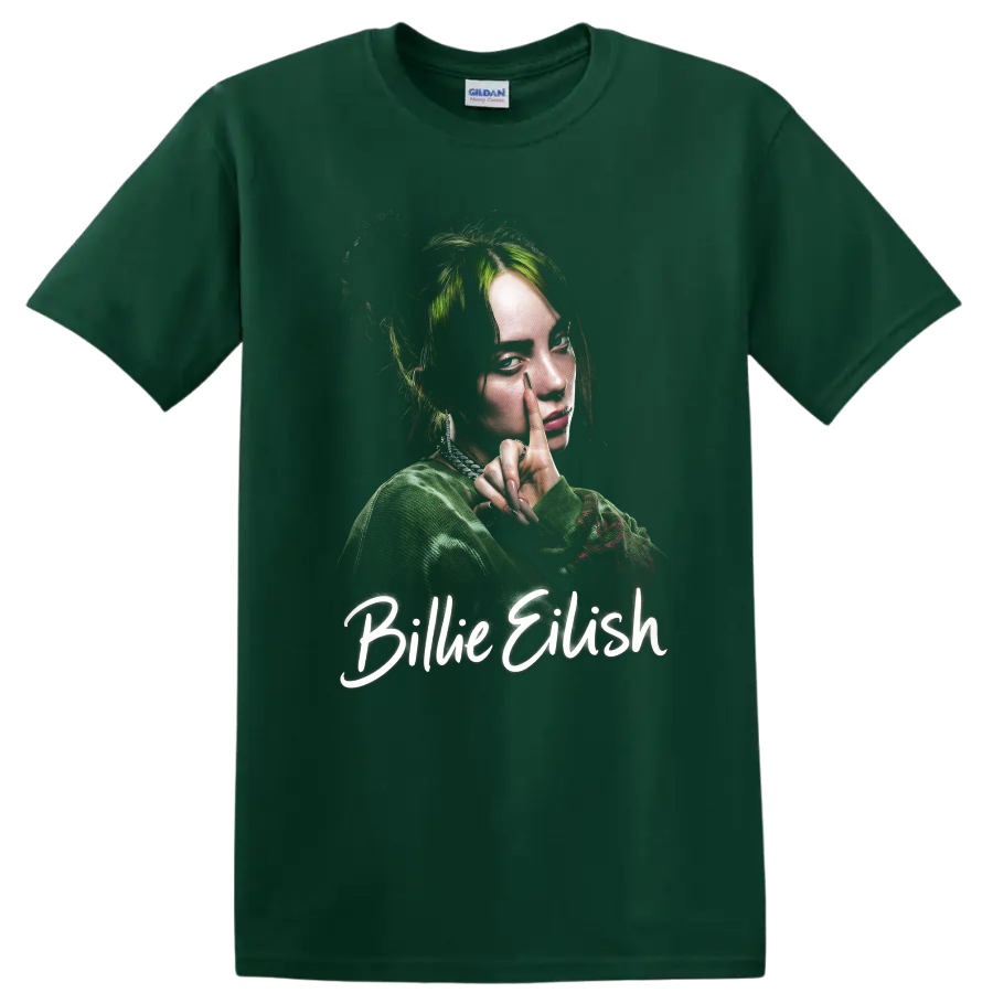 Billie Eilish portrait fan art with green hair and script lettering on a Forest Green T Shirt