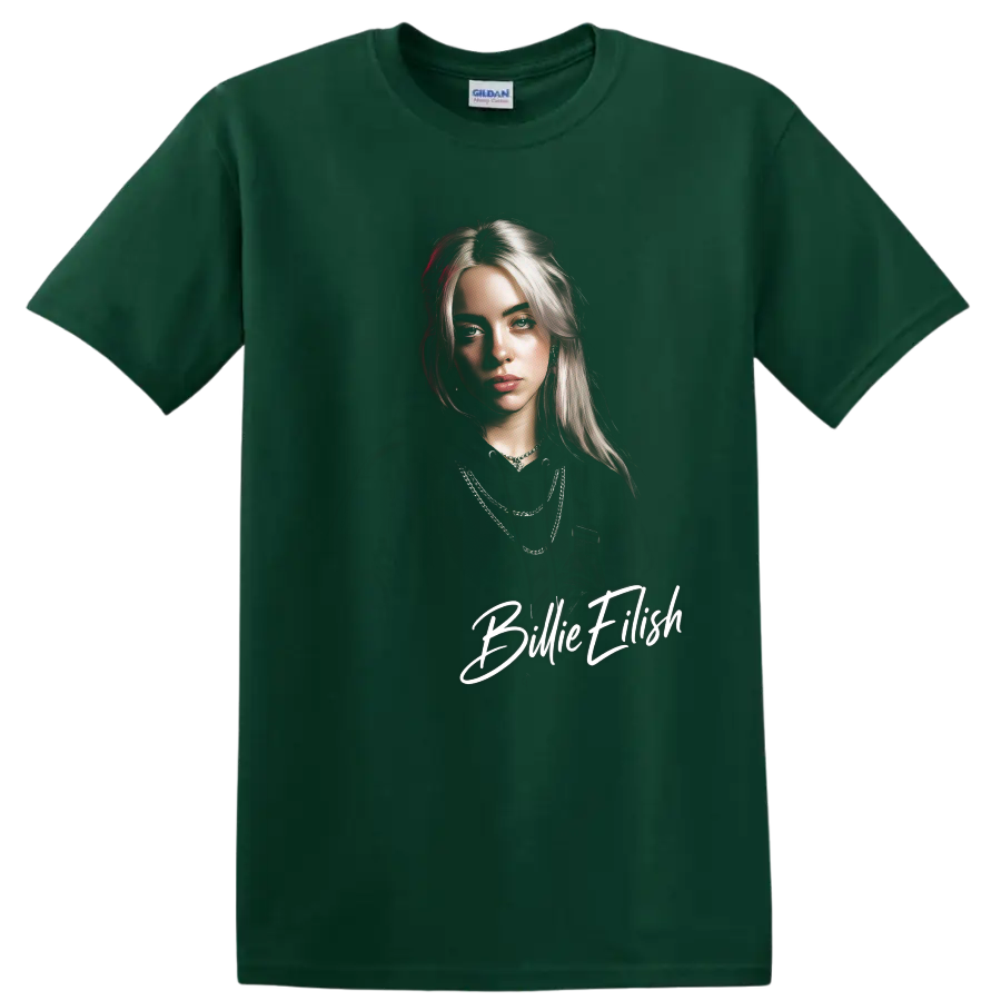 Billie Eilish portrait digital fan art with white script lettering on a Forest Green T Shirt