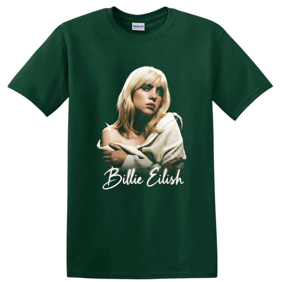 Billie Eilish pop-art portrait with handwritten name lettering on a Forest Green T Shirt