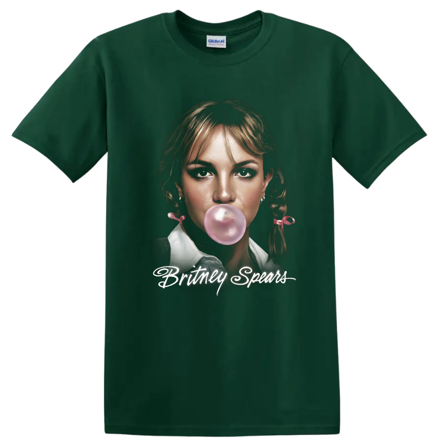 Britney Spears portrait fan art with pink bubblegum and script lettering on a Forest Green T Shirt