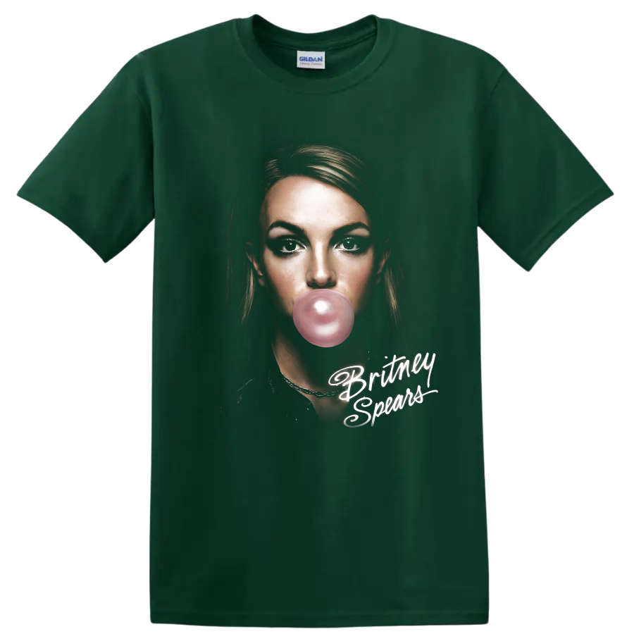 Britney Spears digital portrait with pink bubble gum and white script on a Forest Green T Shirt