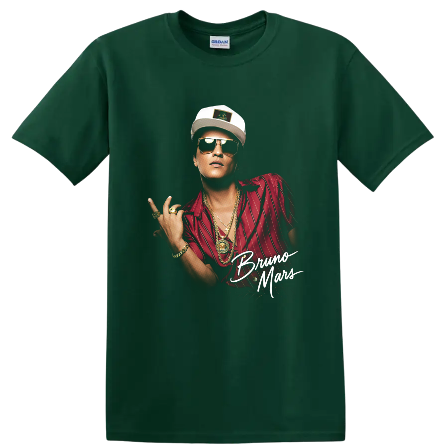 Bruno Mars portrait graphic with red shirt, sunglasses, and script text on a Forest Green T Shirt