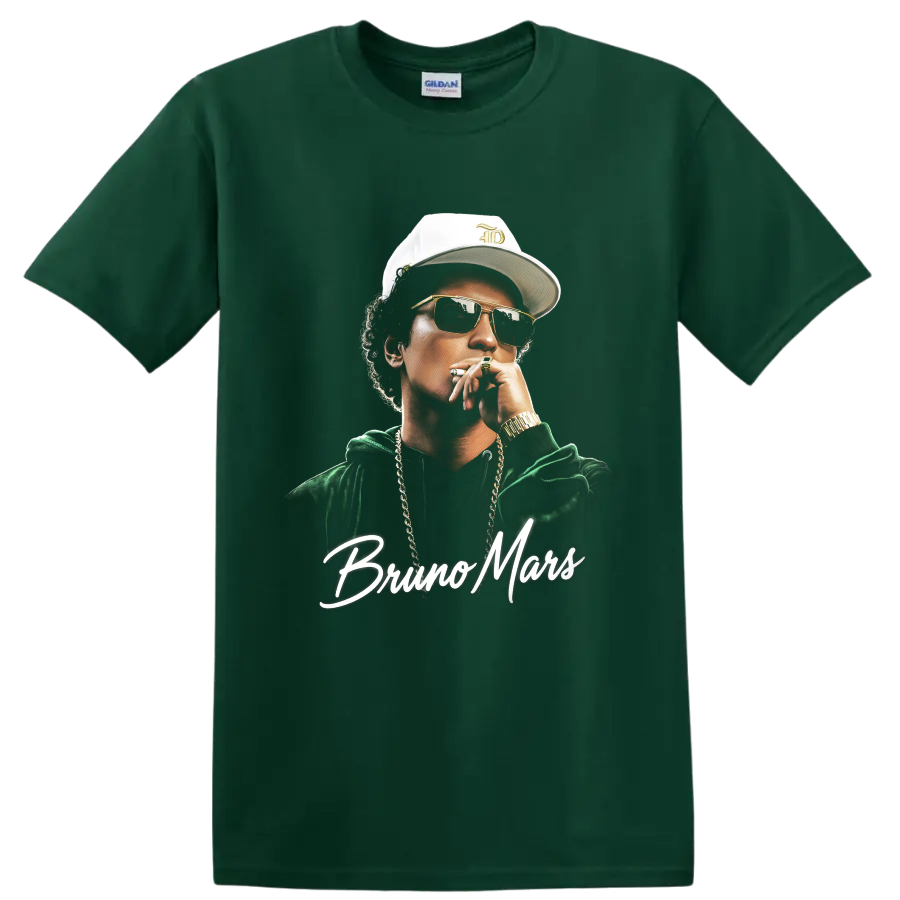 Bruno Mars pop-art portrait with sunglasses and script name lettering on a Forest Green T Shirt