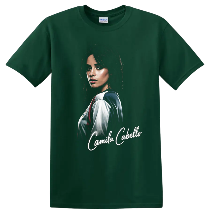 Camila Cabello illustrated portrait with glowing script name on a Forest Green T Shirt