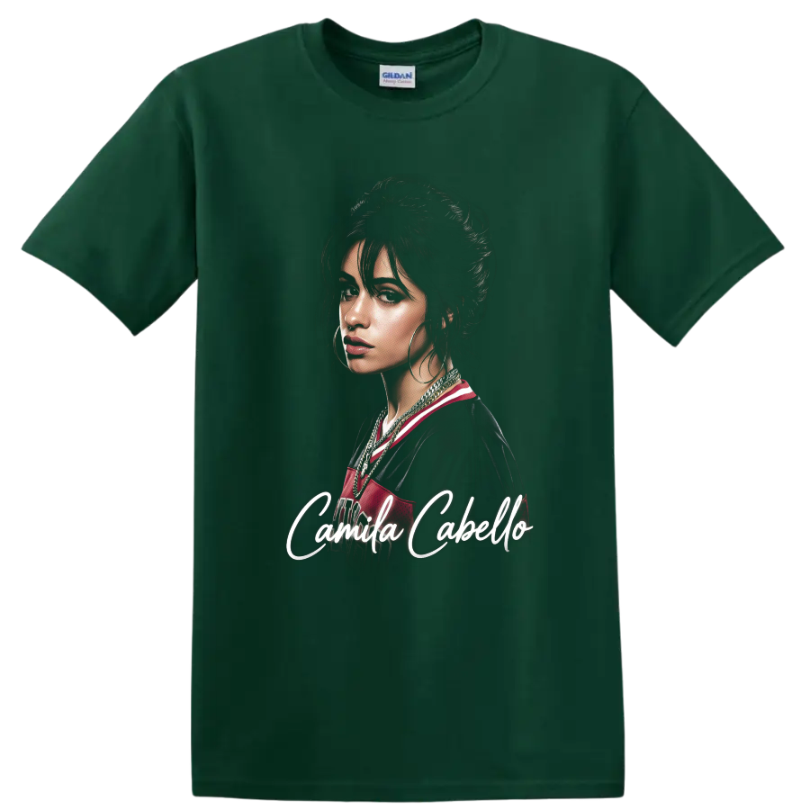 Camila Cabello digital fan portrait with white script lettering on a Forest Green T Shirt