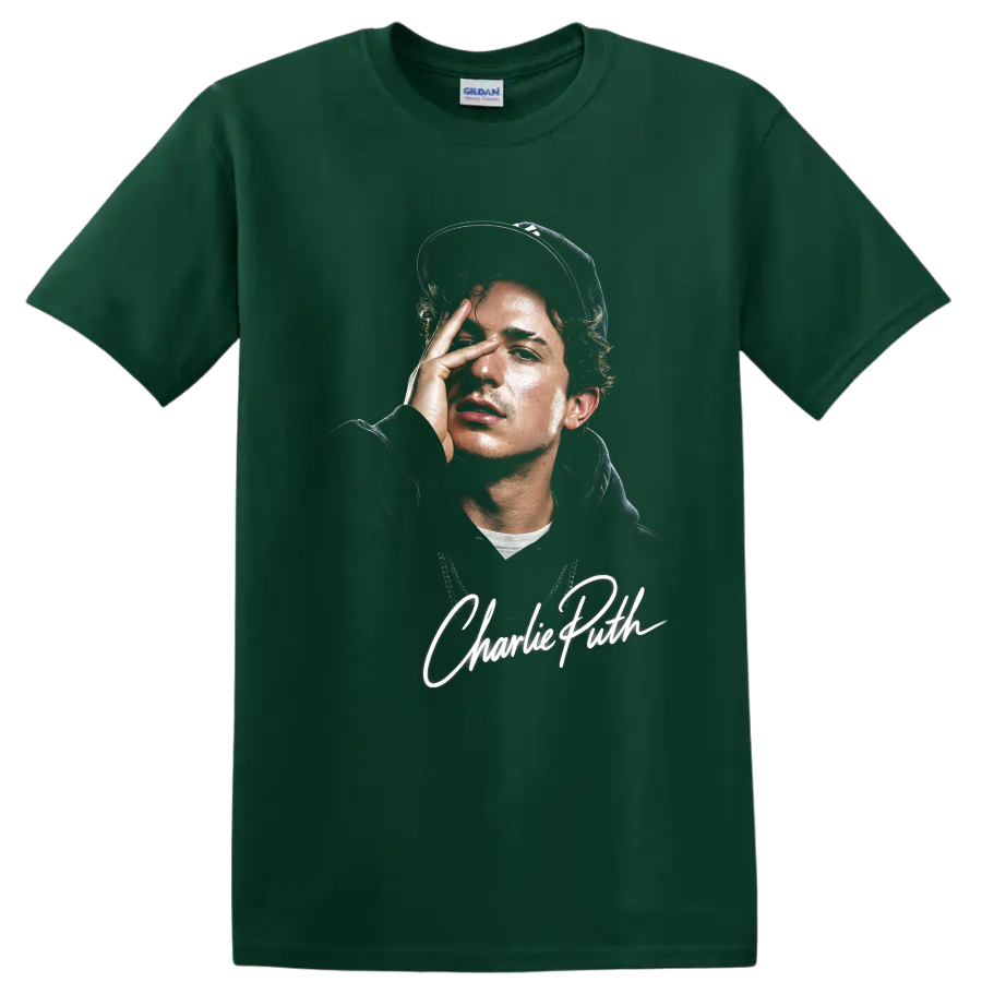 Charlie Puth digital portrait with white signature lettering on a Forest Green T Shirt