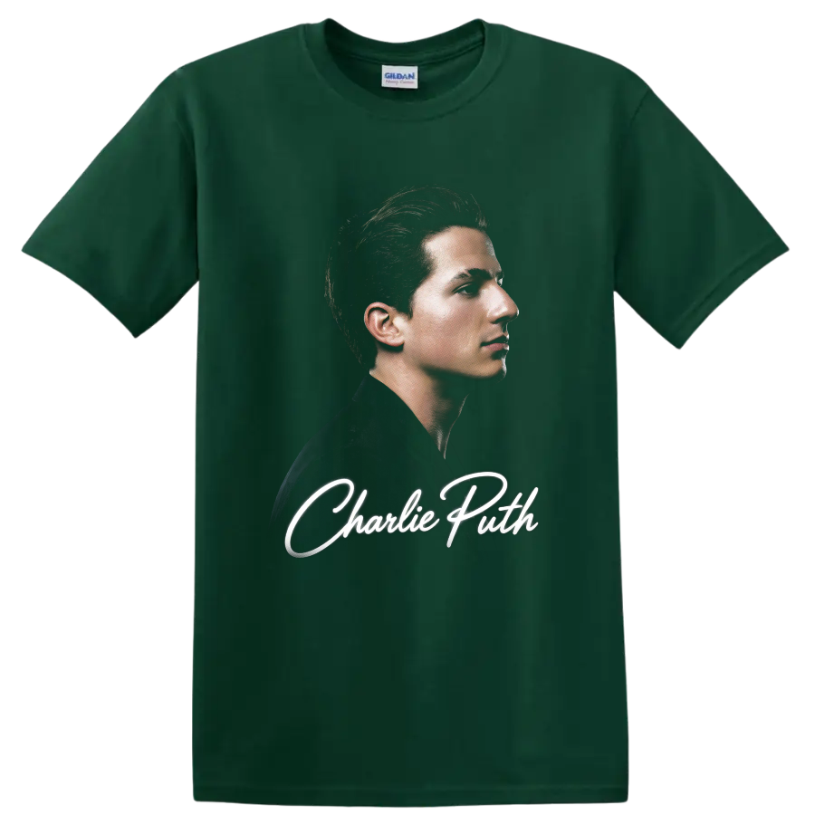 Charlie Puth side-profile portrait with white script lettering on a Forest Green T Shirt