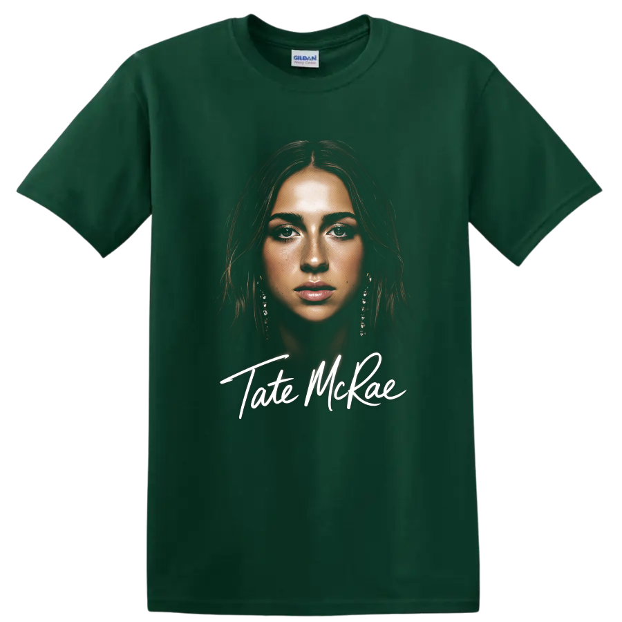 Tate McRae portrait digital fan art with white script lettering on a Forest Green T Shirt