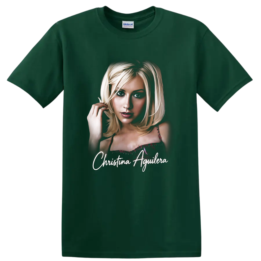 Christina Aguilera portrait autograph poster graphic with name text on a Forest Green T Shirt
