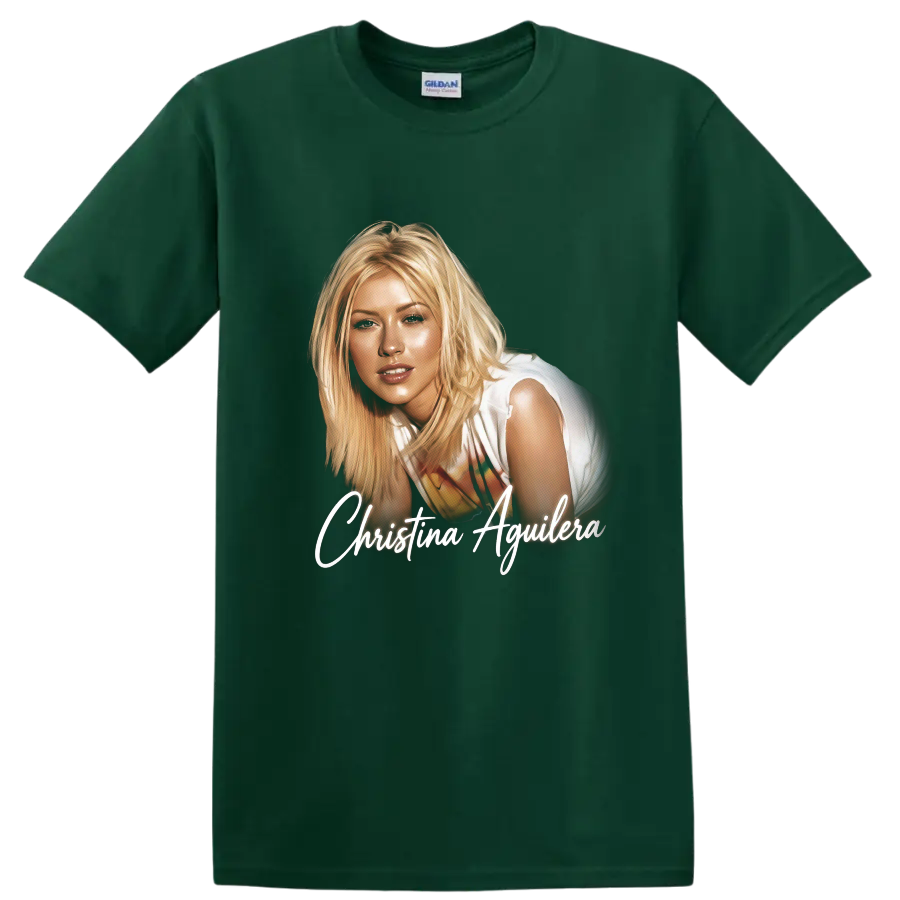 Christina Aguilera signed pop-art portrait with white script lettering on a Forest Green T Shirt