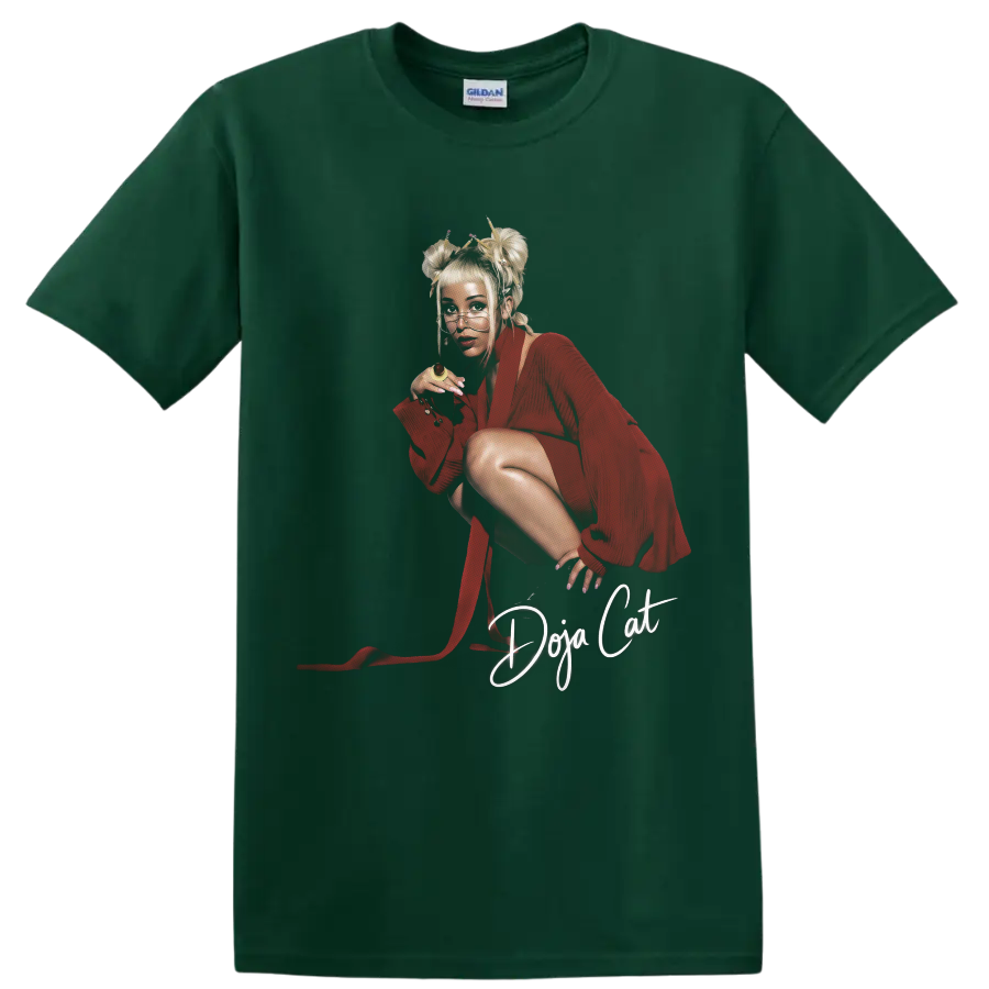Doja Cat red pop star portrait fan art with white script lettering on a Forest Green T Shirt
