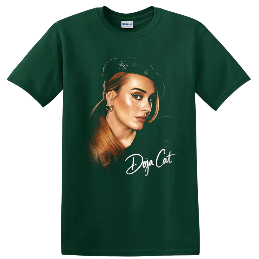 Doja Cat digital portrait with red hair, black beret, and script lettering on a Forest Green T Shirt