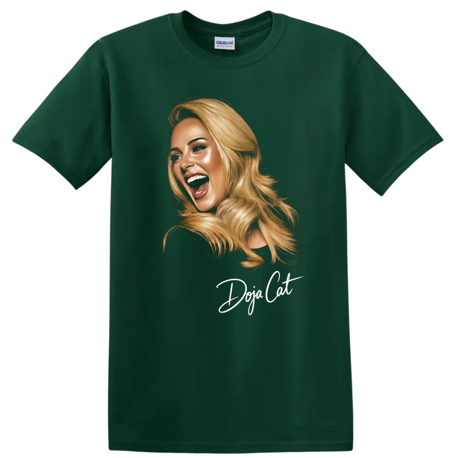 Doja Cat digital portrait with blonde hair and handwritten name lettering on a Forest Green T Shirt