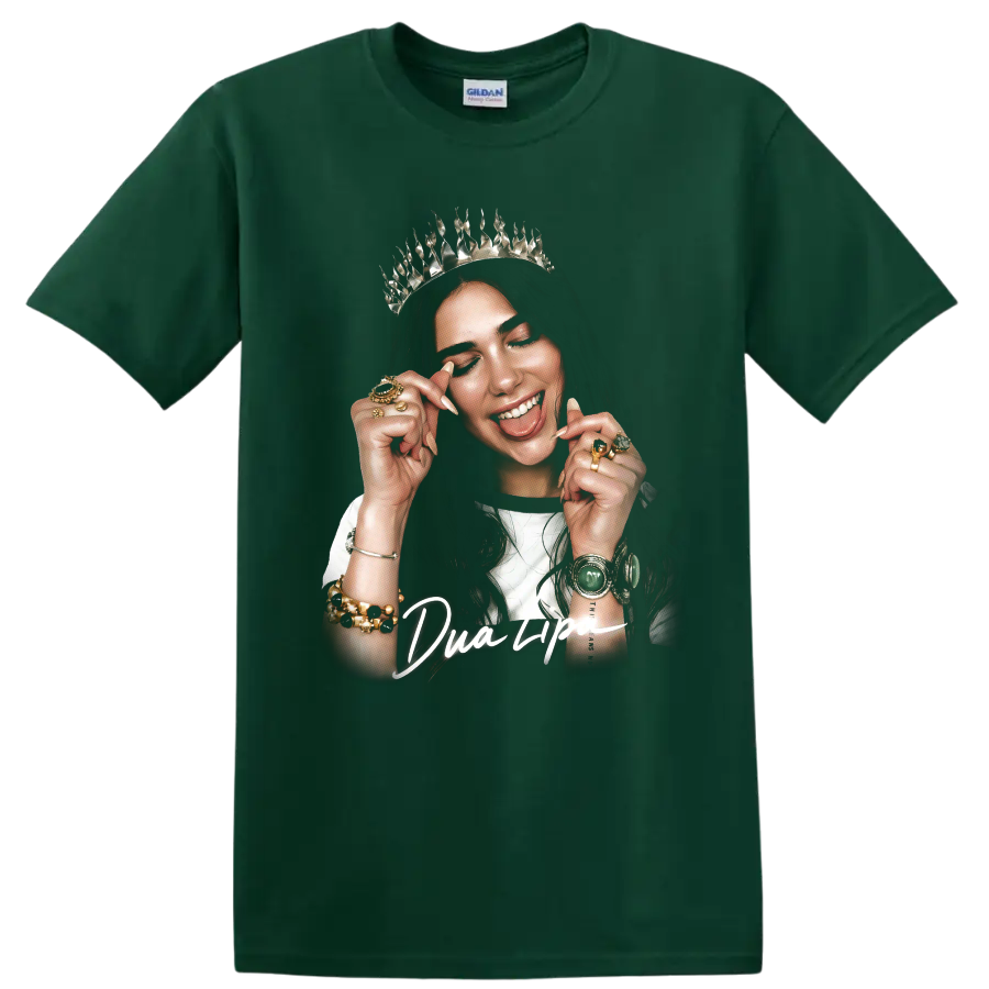 Dua Lipa crowned artistic portrait with jewelry and bold script on a Forest Green T Shirt