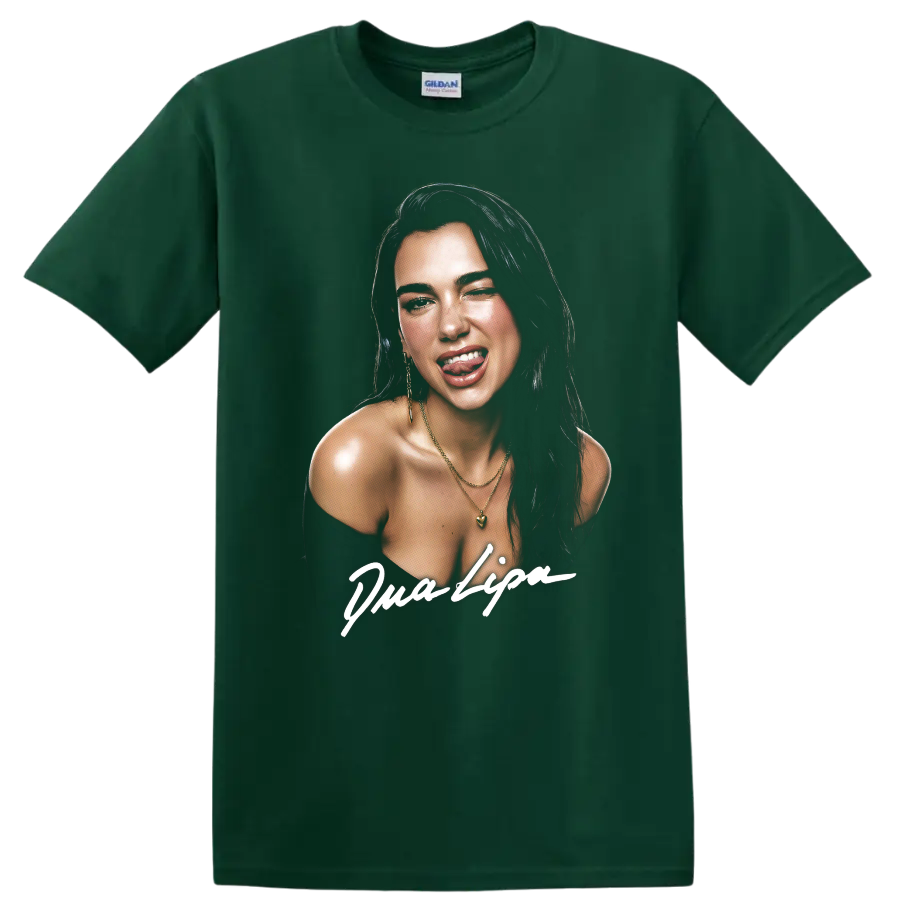 Dua Lipa digital art portrait with bold white script lettering on a Forest Green T Shirt