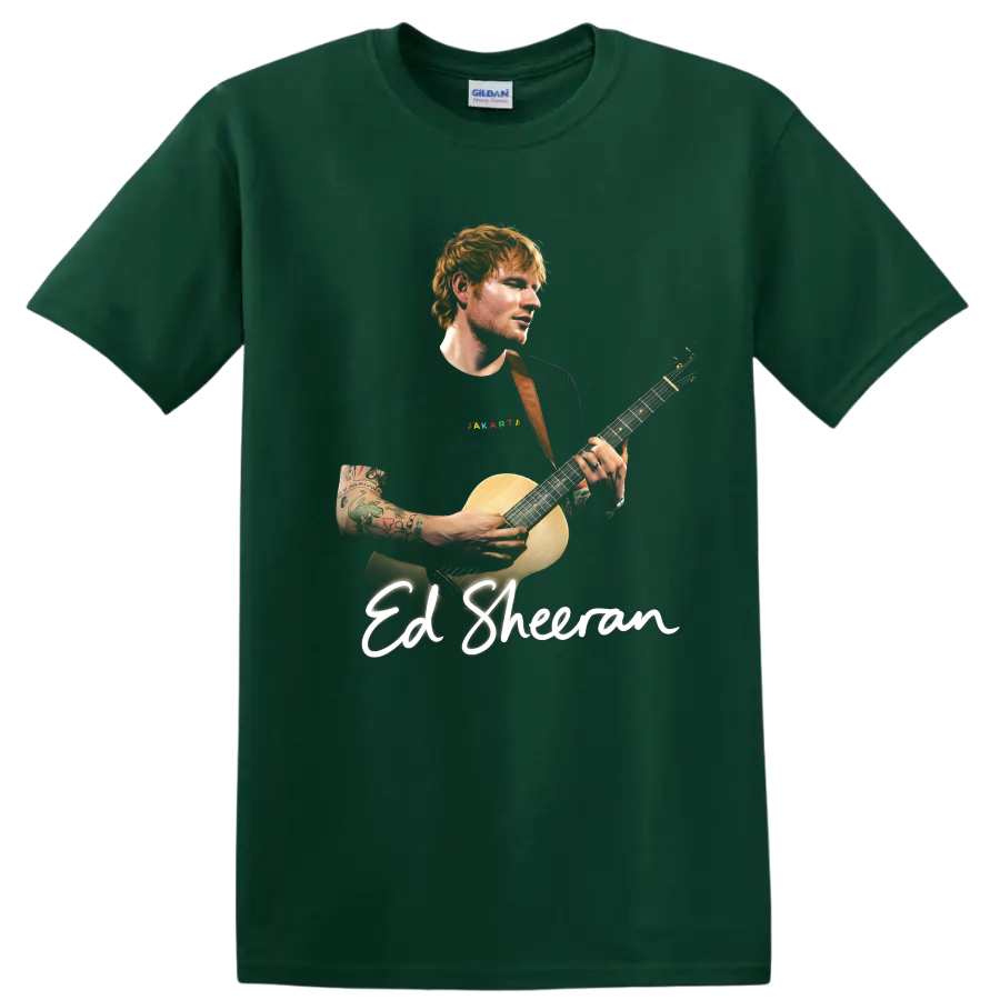 Ed Sheeran playing acoustic guitar with script name lettering on a Forest Green T Shirt