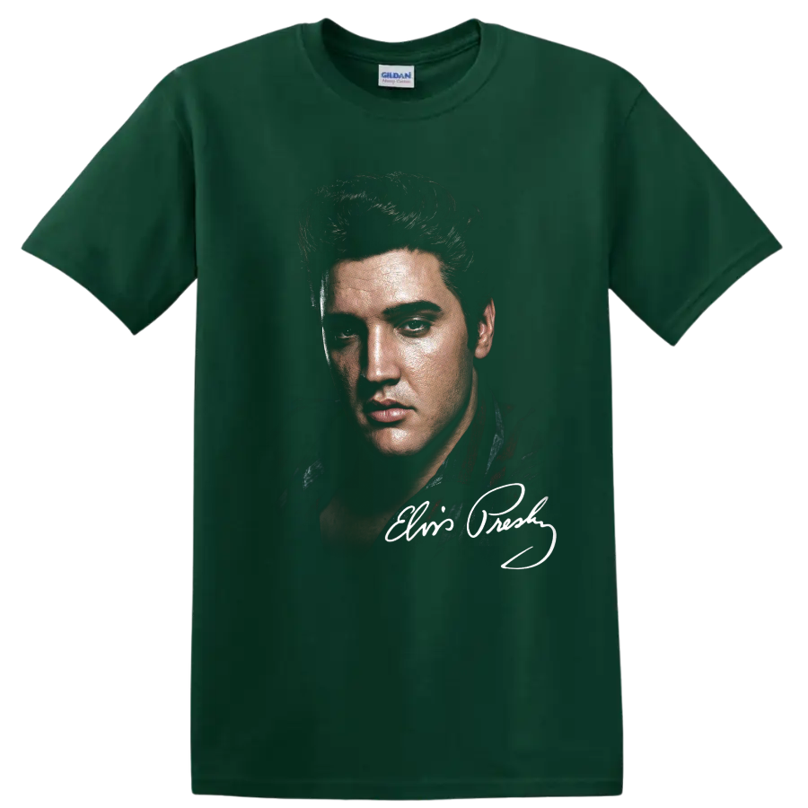 Elvis Presley vintage pencil-style portrait with signature accent on a Forest Green T Shirt