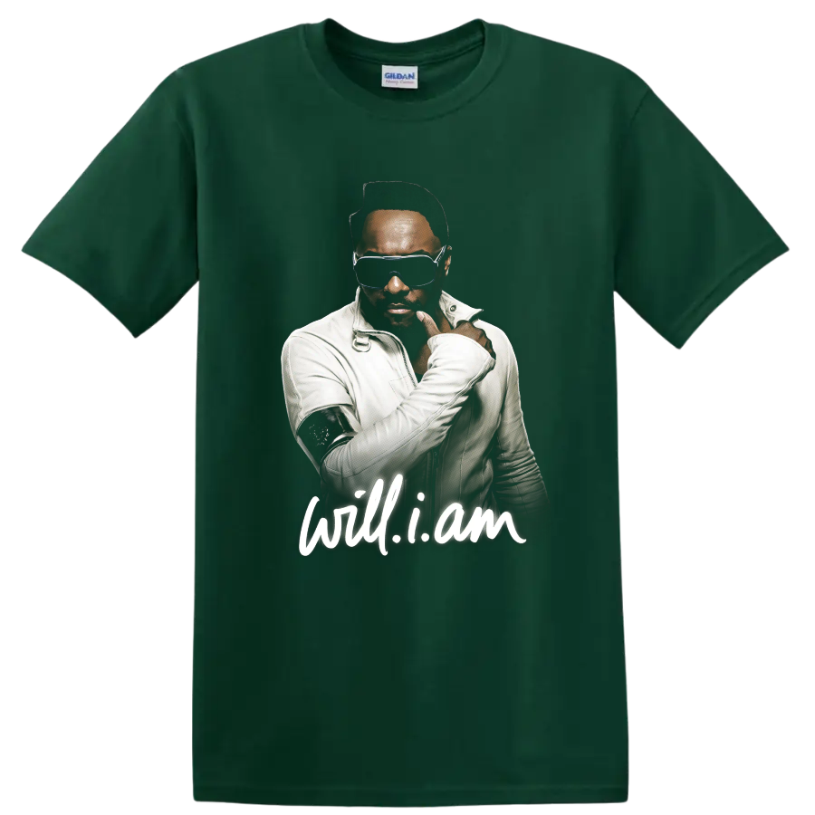 will.i.am portrait graphic with sunglasses and white will.i.am script on a Forest Green T Shirt