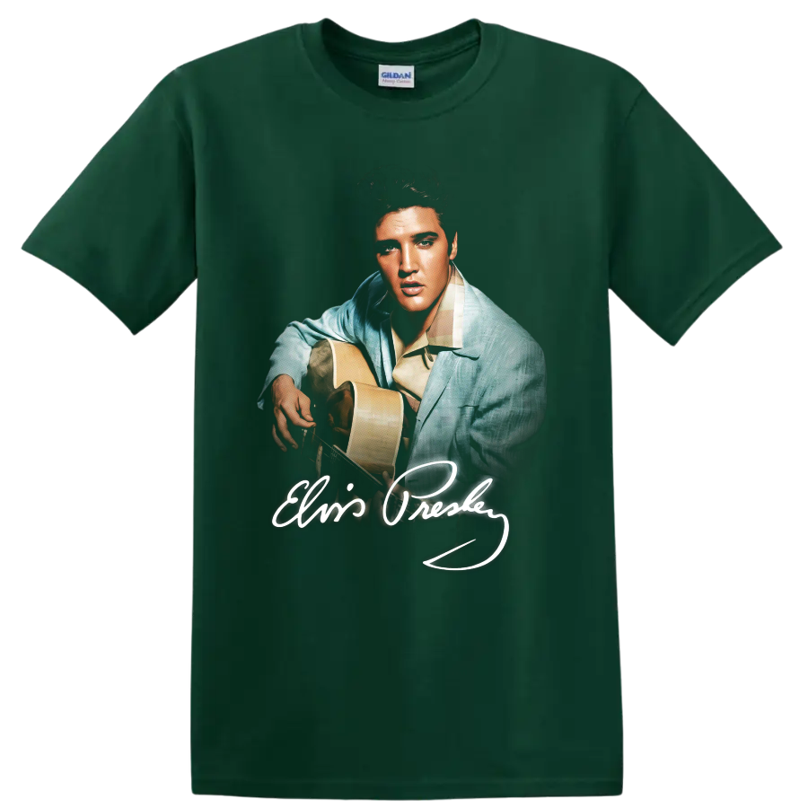 Elvis Presley guitar portrait pop-art design with signature on a Forest Green T Shirt