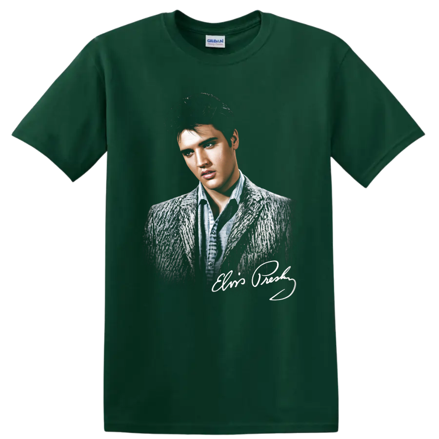 Monochrome Elvis Presley portrait with signature-style graphic on a Forest Green T Shirt