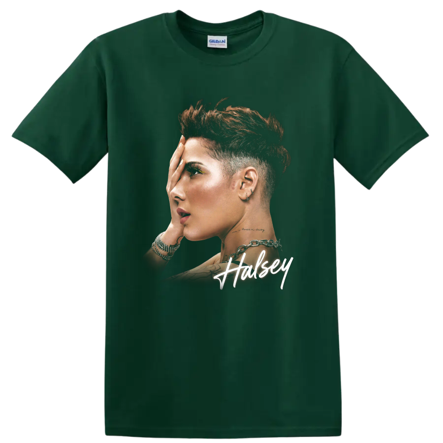 Halsey singer portrait graphic print with white signature lettering on a Forest Green T Shirt
