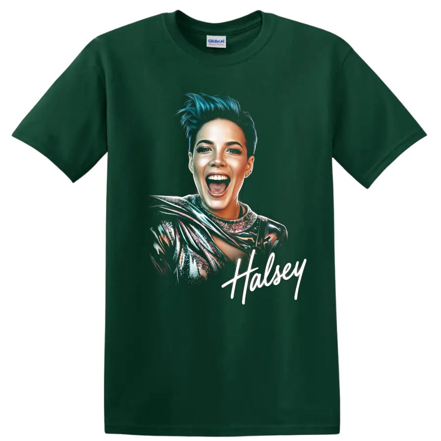 Halsey pop-art portrait with teal hair and handwritten signature on a Forest Green T Shirt