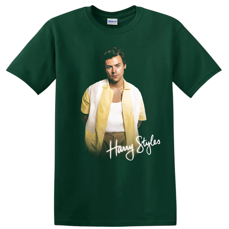 Harry Styles portrait with handwritten Harry Styles lettering on a Forest Green T Shirt