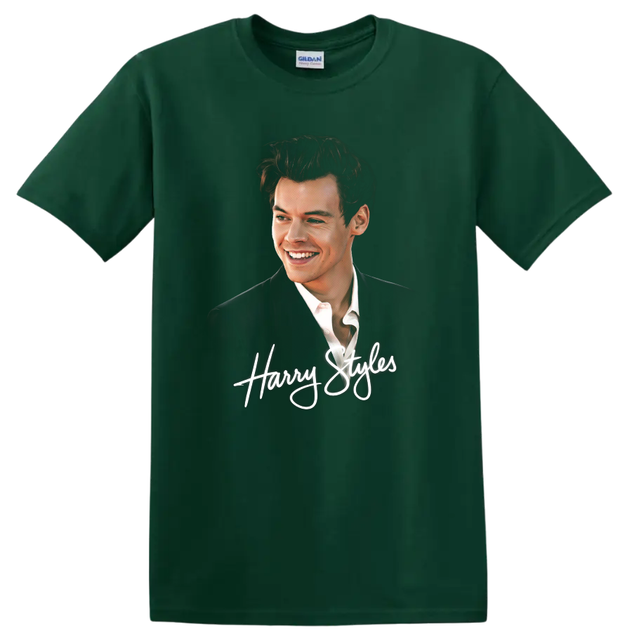 Harry Styles watercolor-style portrait with white script lettering on a Forest Green T Shirt