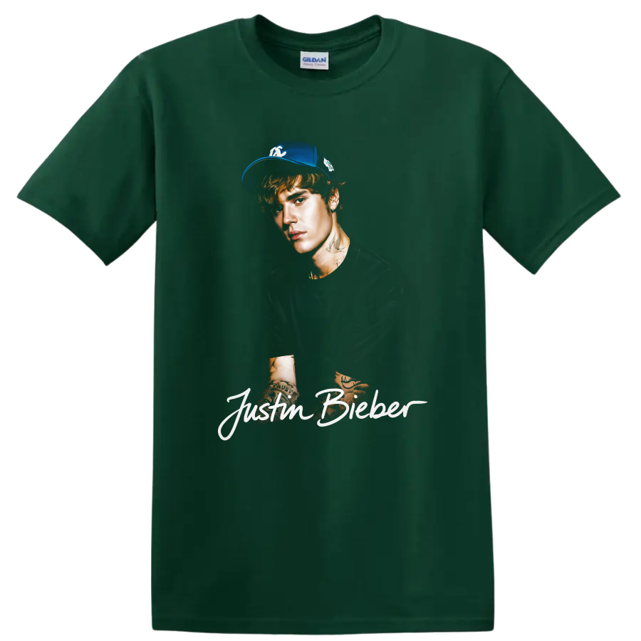 Justin Bieber portrait fan-art sketch with script lettering on a Forest Green T Shirt