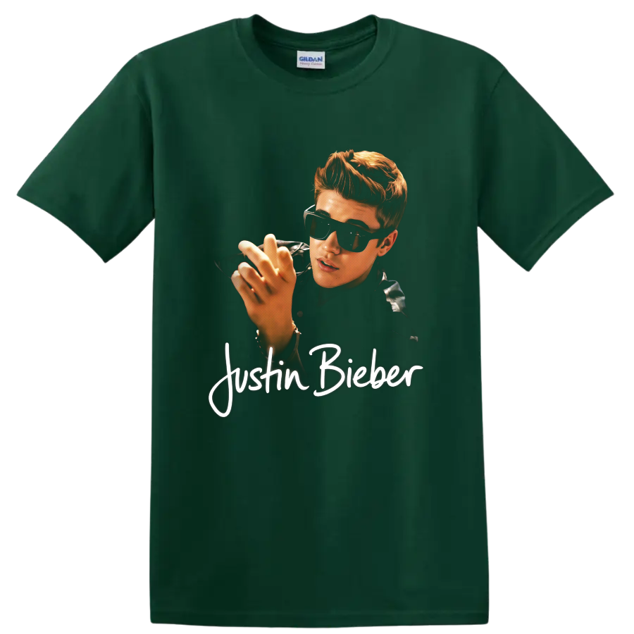 Justin Bieber portrait graphic with sunglasses and white script text on a Forest Green T Shirt