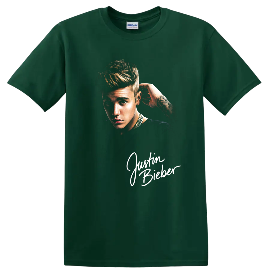 Justin Bieber portrait in pencil-drawing fan-art style on a Forest Green T Shirt