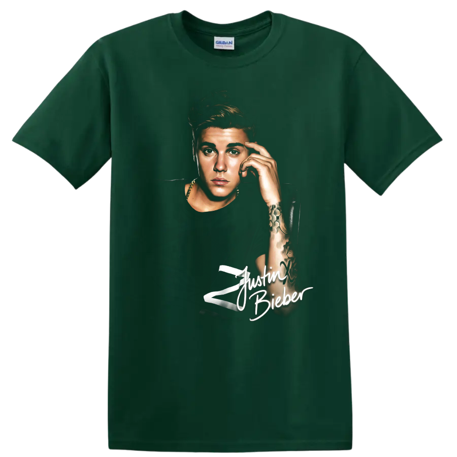 Justin Bieber portrait graphic with white signature-style text on a Forest Green T Shirt