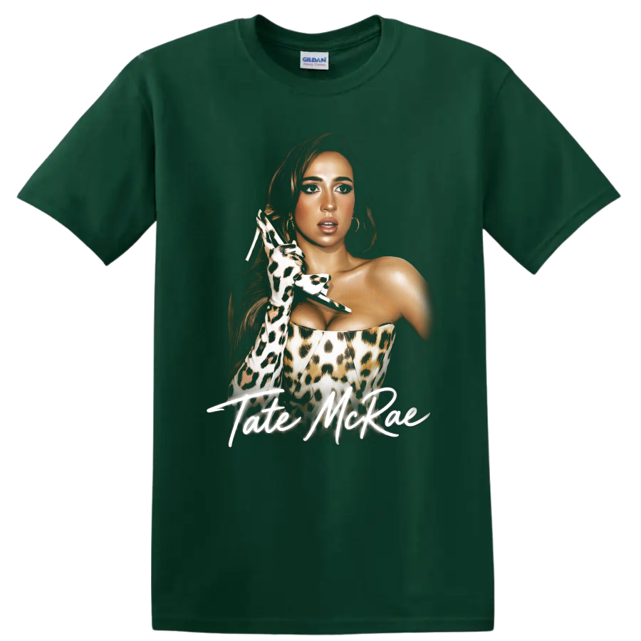 Tate McRae leopard-print pop artist portrait with handwritten name on a Forest Green T Shirt