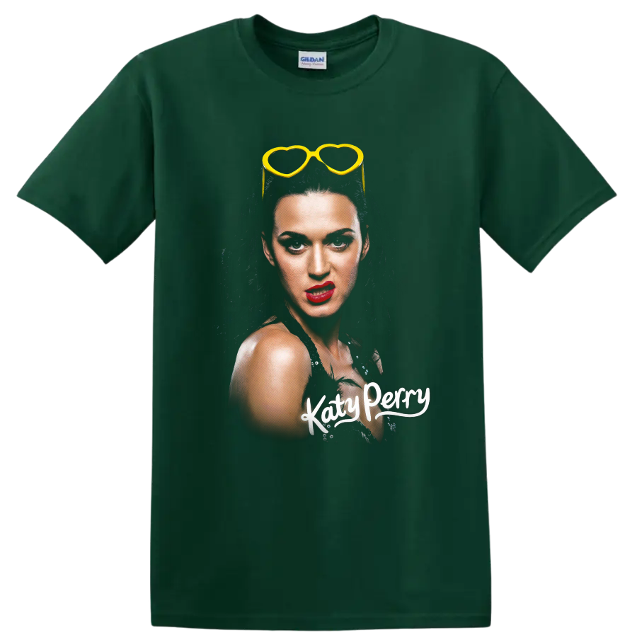 Katy Perry portrait graphic with yellow heart-shaped sunglasses on a Forest Green T Shirt