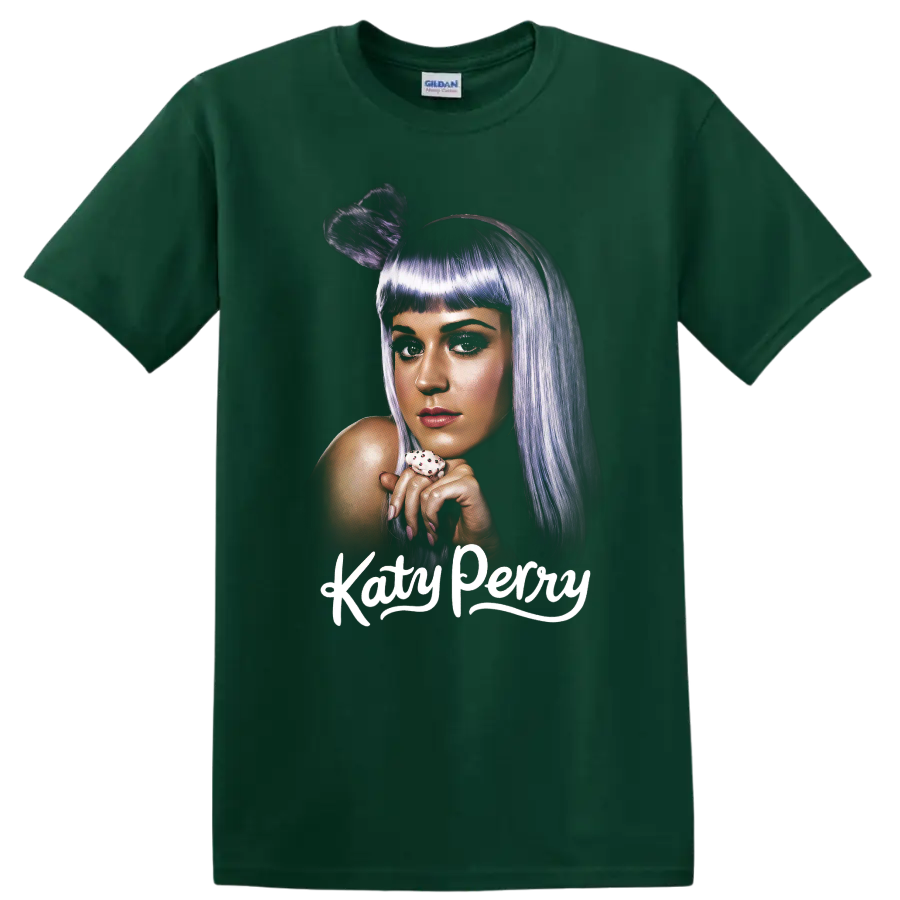 Stylized Katy Perry portrait with purple hair and white Katy Perry text on a Forest Green T Shirt