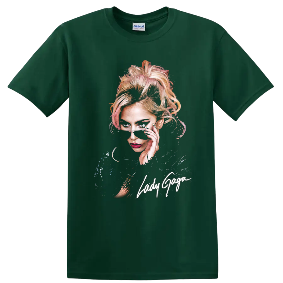 Lady Gaga pop-art portrait with handwritten Lady Gaga lettering on a Forest Green T Shirt